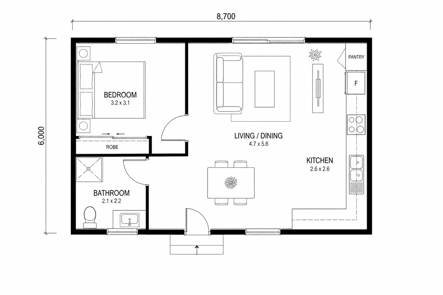 One bedroom granny flat floor plan diagram showing bedroom, bathroom, kitchen and living zones