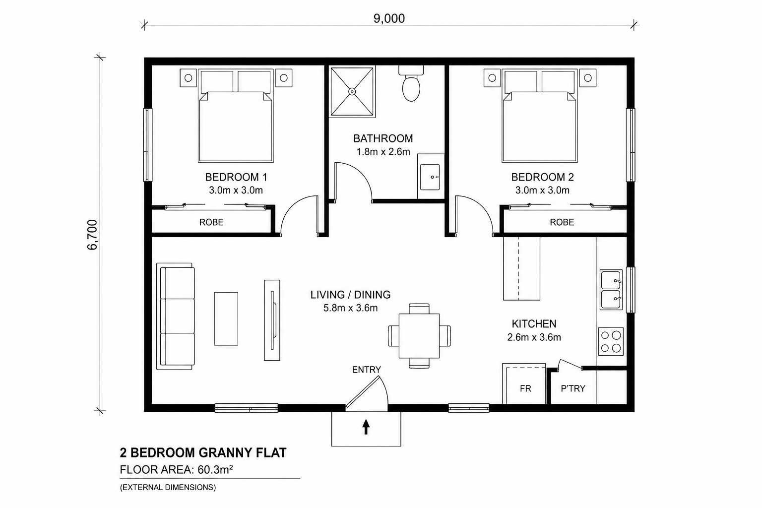 Two bedroom granny flat floor plan with separate bedrooms and open living area