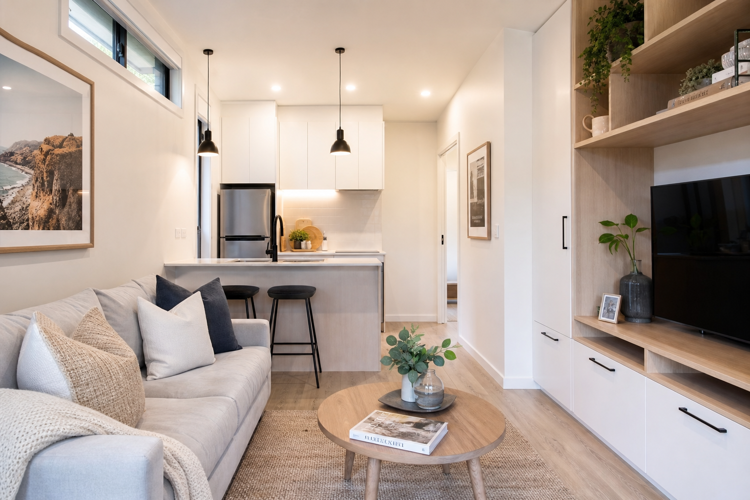 Granny flat interior with compact kitchen and built-in storage