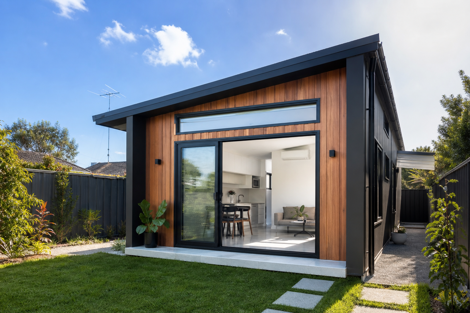 Modern granny flat with skillion roof, dark cladding and large windows