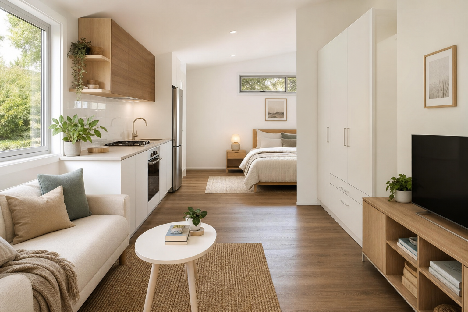 Open-plan granny flat interior maximising space with multi-use zones