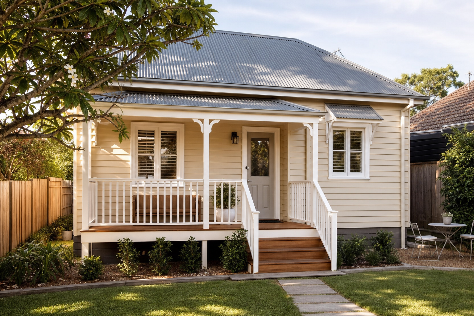 Traditional weatherboard granny flat with pitched roof and verandah