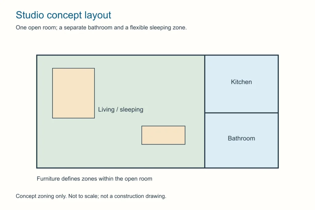 Original studio granny-flat zoning diagram with an open living and sleeping room and a separate bathroom