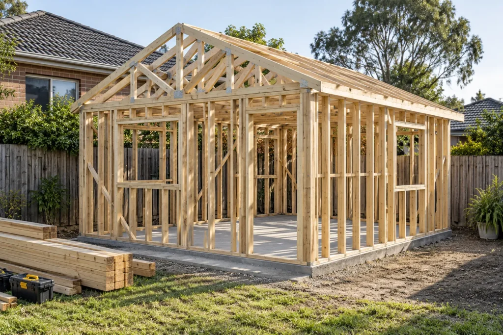 Concept of a single-storey granny-flat timber frame on a concrete slab