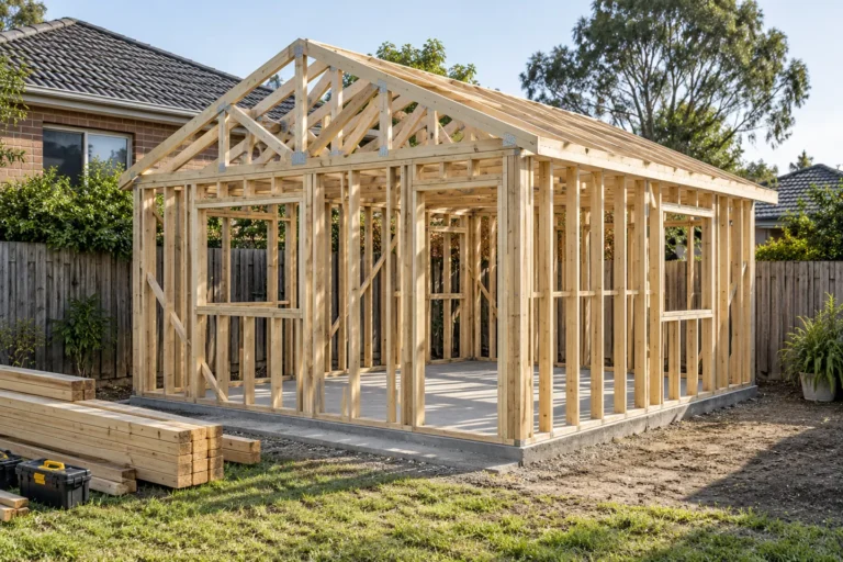 Concept of a single-storey granny-flat timber frame on a concrete slab