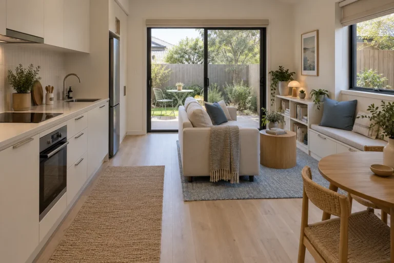 Concept of a compact granny-flat kitchen and living room with built-in storage