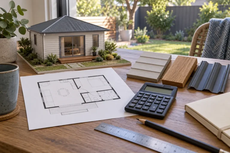 Illustration of granny-flat budget planning with a model, plans and calculator