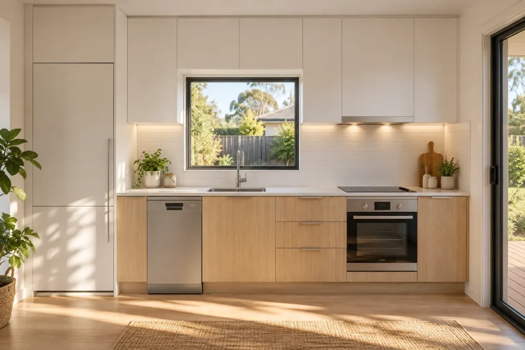 Concept of a compact granny-flat kitchen with practical storage