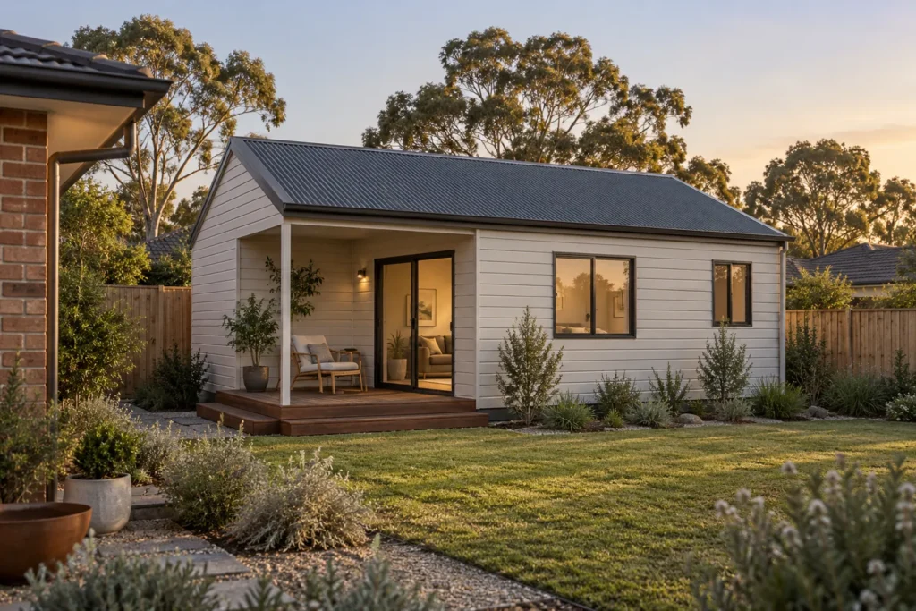 Concept of a modest weatherboard granny flat beside a main brick home