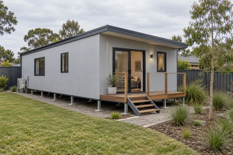Concept of a small modular granny flat on piers with a front deck