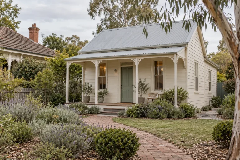 Concept of a compact weatherboard granny flat with a traditional veranda
