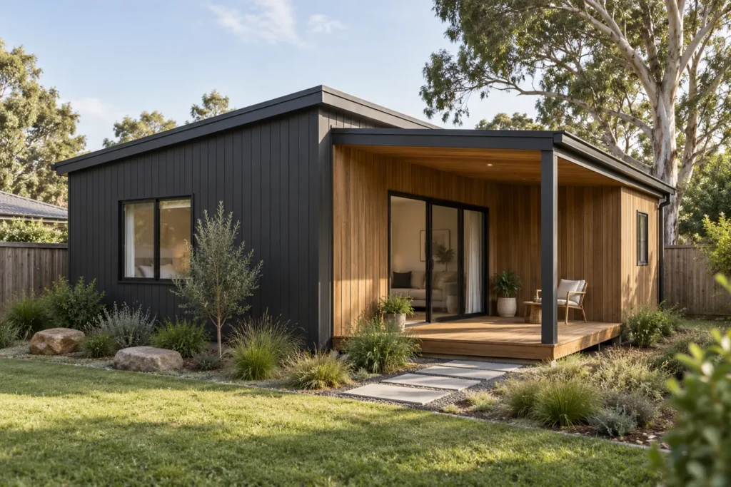 Concept of a contemporary granny flat with charcoal and timber cladding