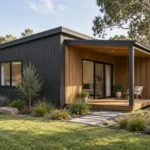 Concept of a contemporary granny flat with charcoal and timber cladding