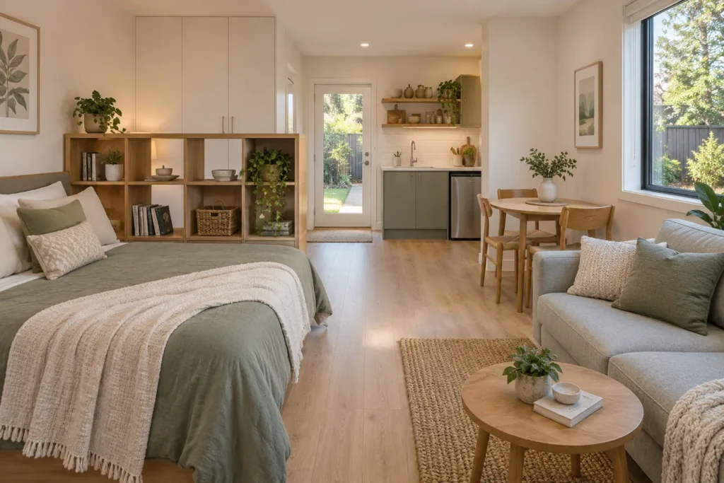 Concept of a compact studio granny flat with distinct sleeping and living zones