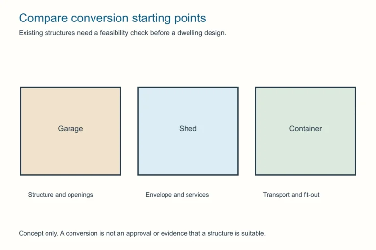 Original concept diagram comparing a garage, shed and shipping container as conversion starting points